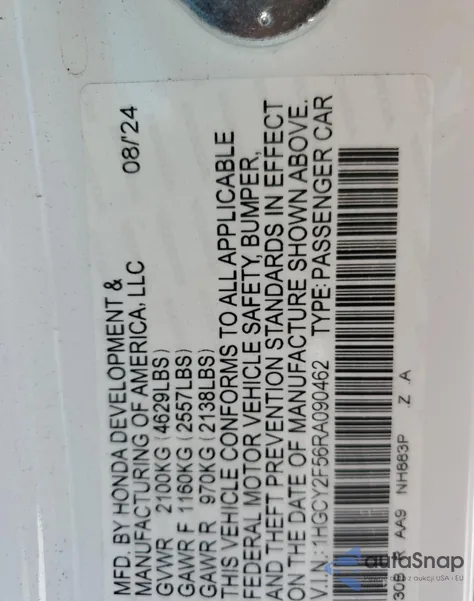 2024 Honda Accord Hybrid Sport из США, поврежденный, VIN 1HGCY2F56RA090462